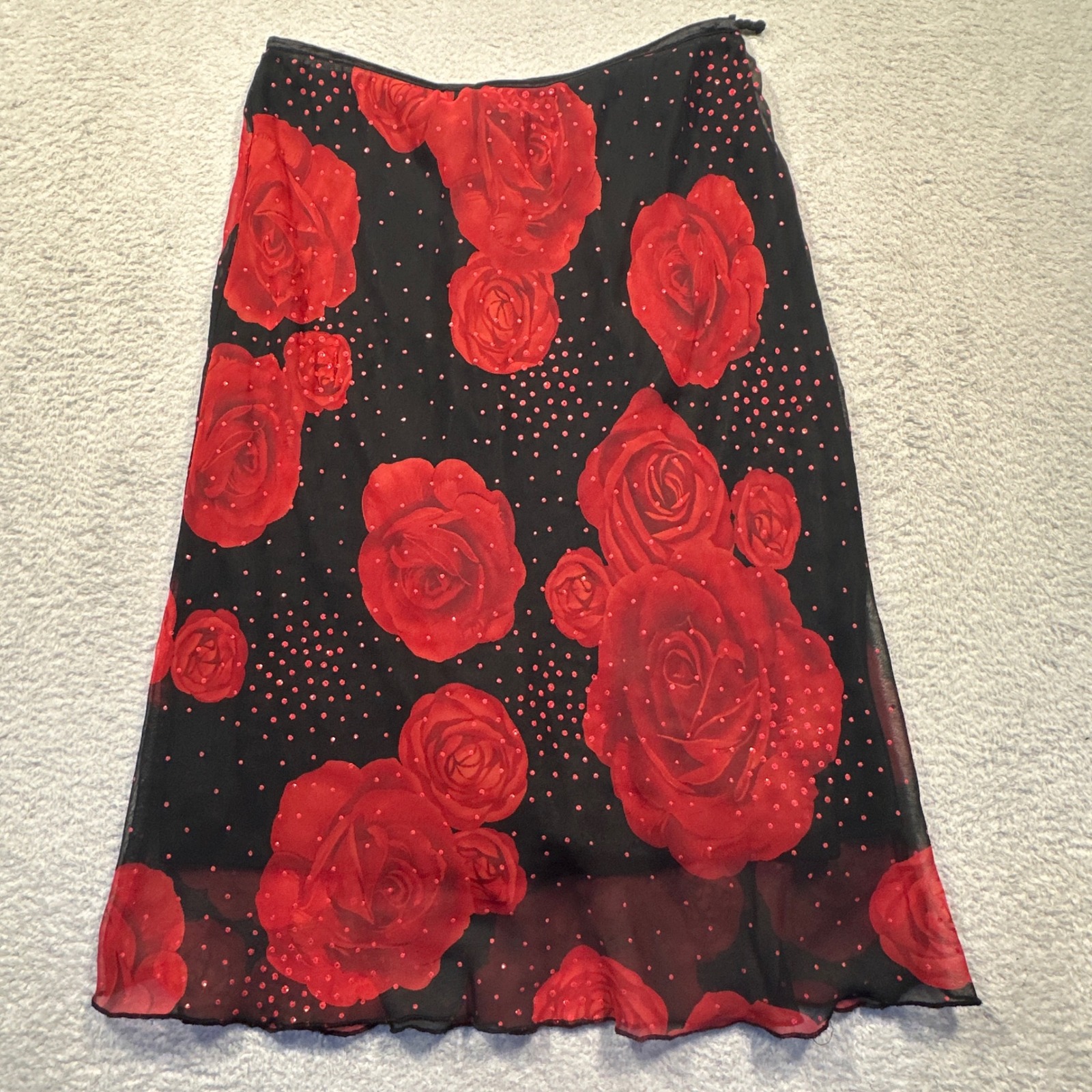Elegant Red Rose Print Skirt Valentines Day Date Night
